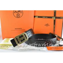 1:1 Hermes Reversible Belt Black/Black Ostrich Stripe Leather With 18K Gold Lace Strip H Buckle