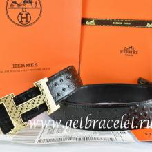 Hermes Reversible Belt Black/Black Ostrich Stripe Leather With 18K Gold Spot Stripe H Buckle Replica