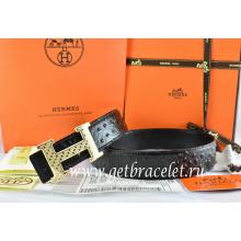 Hermes Reversible Belt Black/Black Ostrich Stripe Leather With 18K Gold Spot Stripe H Buckle Replica