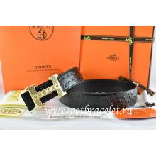 Hermes Reversible Belt Black/Black Ostrich Stripe Leather With 18K Gold Stripe Logo H Buckle Replica