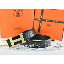 High End Fake Hermes Reversible Belt Black/Black Ostrich Stripe Leather With 18K Gold Wave Stripe H Buckle