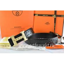 Hermes Reversible Belt Black/Black Ostrich Stripe Leather With 18K Gold Weave Stripe H Buckle