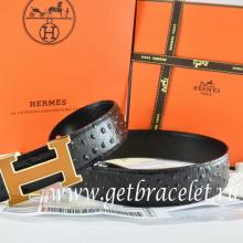 Hermes Reversible Belt Black/Black Ostrich Stripe Leather With 18K Orange Gold Width H Buckle Replica