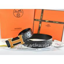 Hermes Reversible Belt Black/Black Ostrich Stripe Leather With 18K Orange Gold Width H Buckle Replica