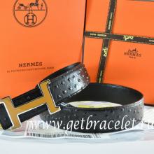 Knockoff Hermes Reversible Belt Black/Black Ostrich Stripe Leather With 18K Orange Silver Narrow H Buckle