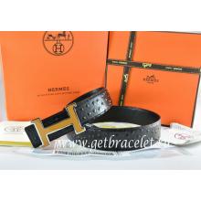 Knockoff Hermes Reversible Belt Black/Black Ostrich Stripe Leather With 18K Orange Silver Narrow H Buckle