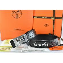 Hermes Reversible Belt Black/Black Ostrich Stripe Leather With 18K Silver Big H Buckle