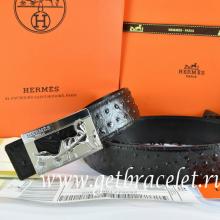 Replica Cheap Hermes Reversible Belt Black/Black Ostrich Stripe Leather With 18K Silver Coach Buckle