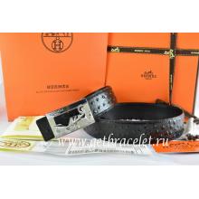 Replica Cheap Hermes Reversible Belt Black/Black Ostrich Stripe Leather With 18K Silver Coach Buckle