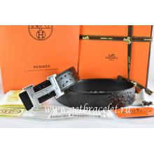 Perfect Replica Hermes Reversible Belt Black/Black Ostrich Stripe Leather With 18K Silver Geometric Stripe H Buckle