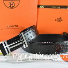 Fashion Hermes Reversible Belt Black/Black Ostrich Stripe Leather With 18K Silver H Au Carre Buckle