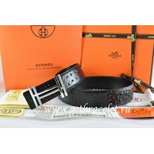 Fashion Hermes Reversible Belt Black/Black Ostrich Stripe Leather With 18K Silver H Au Carre Buckle