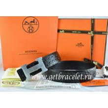 Hermes Reversible Belt Black/Black Ostrich Stripe Leather With 18K Silver H Buckle Replica