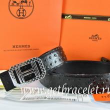 Hermes Reversible Belt Black/Black Ostrich Stripe Leather With 18K Silver Lace Strip H Buckle Replica