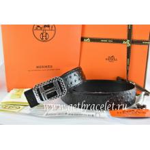 Hermes Reversible Belt Black/Black Ostrich Stripe Leather With 18K Silver Lace Strip H Buckle Replica