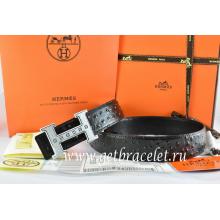 Hermes Reversible Belt Black/Black Ostrich Stripe Leather With 18K Silver Weave Stripe H Buckle