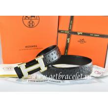 Hermes Reversible Belt Black/Black Ostrich Stripe Leather With 18K White Gold H Buckle