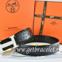 High End Imitation Hermes Reversible Belt Black/Black Ostrich Stripe Leather With 18K White Silver H Buckle
