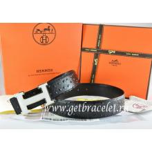 High End Imitation Hermes Reversible Belt Black/Black Ostrich Stripe Leather With 18K White Silver H Buckle