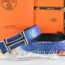 Faux Cheap Hermes Reversible Belt Blue/Black Ostrich Stripe Leather With 18K Black Gold Idem Buckle