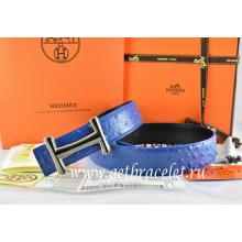 Faux Cheap Hermes Reversible Belt Blue/Black Ostrich Stripe Leather With 18K Black Gold Idem Buckle