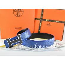 Copy Hermes Reversible Belt Blue/Black Ostrich Stripe Leather With 18K Black Gold Width H Buckle