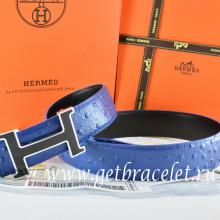 Hermes Reversible Belt Blue/Black Ostrich Stripe Leather With 18K Black Silver Narrow H Buckle Replica