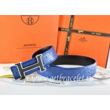 Hermes Reversible Belt Blue/Black Ostrich Stripe Leather With 18K Black Silver Narrow H Buckle Replica