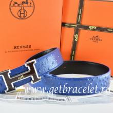 Hermes Reversible Belt Blue/Black Ostrich Stripe Leather With 18K Black Silver White Logo H Buckle