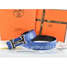 Hermes Reversible Belt Blue/Black Ostrich Stripe Leather With 18K Black Silver White Logo H Buckle