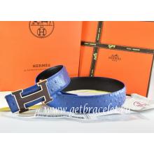 Hermes Reversible Belt Blue/Black Ostrich Stripe Leather With 18K Black Silver Width H Buckle