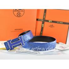 Cheap Hermes Reversible Belt Blue/Black Ostrich Stripe Leather With 18K Blue Gold Width H Buckle