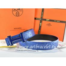 Knockoff Hermes Reversible Belt Blue/Black Ostrich Stripe Leather With 18K Blue Silver Narrow H Buckle