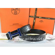 Perfect Hermes Reversible Belt Blue/Black Ostrich Stripe Leather With 18K Blue Silver Narrow H Buckle