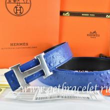 Hermes Reversible Belt Blue/Black Ostrich Stripe Leather With 18K Drawbench Silver H Buckle