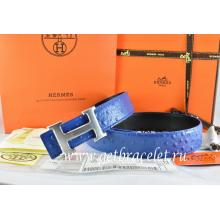 Hermes Reversible Belt Blue/Black Ostrich Stripe Leather With 18K Drawbench Silver H Buckle