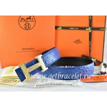 Hermes Reversible Belt Blue/Black Ostrich Stripe Leather With 18K Gold Bamboo Strip H Buckle