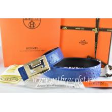 Designer Hermes Reversible Belt Blue/Black Ostrich Stripe Leather With 18K Gold Big H Buckle