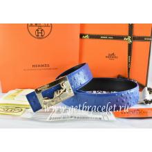 Hermes Reversible Belt Blue/Black Ostrich Stripe Leather With 18K Gold Coach Buckle Replica