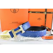 Hermes Reversible Belt Blue/Black Ostrich Stripe Leather With 18K Gold Geometric Stripe H Buckle