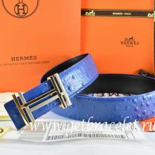 Luxury Replica Hermes Reversible Belt Blue/Black Ostrich Stripe Leather With 18K Gold H Au Carre Buckle