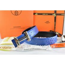 Luxury Replica Hermes Reversible Belt Blue/Black Ostrich Stripe Leather With 18K Gold H Au Carre Buckle