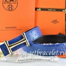 Hermes Reversible Belt Blue/Black Ostrich Stripe Leather With 18K Gold Idem Buckle