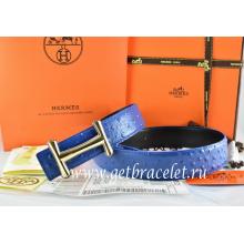 Hermes Reversible Belt Blue/Black Ostrich Stripe Leather With 18K Gold Idem Buckle