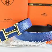 Designer Hermes Reversible Belt Blue/Black Ostrich Stripe Leather With 18K Gold Idem With Logo Buckle