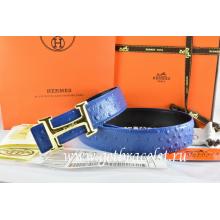 Designer Hermes Reversible Belt Blue/Black Ostrich Stripe Leather With 18K Gold Idem With Logo Buckle