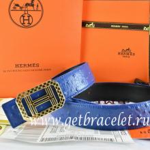Hermes Reversible Belt Blue/Black Ostrich Stripe Leather With 18K Gold Lace Strip H Buckle Replica
