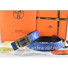 Hermes Reversible Belt Blue/Black Ostrich Stripe Leather With 18K Gold Lace Strip H Buckle Replica