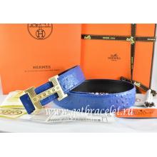 Hermes Reversible Belt Blue/Black Ostrich Stripe Leather With 18K Gold Stripe Logo H Buckle