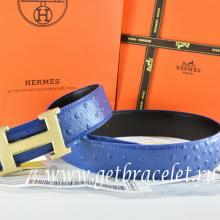 Replica Hot Hermes Reversible Belt Blue/Black Ostrich Stripe Leather With 18K Gold Wave Stripe H Buckle